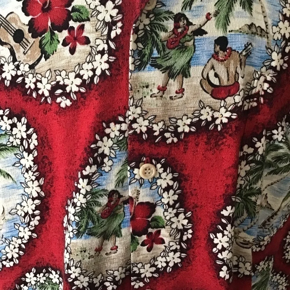 Hawaiian Shirt 2XL 100% Cotton Men's Hula Girls Red Beach Hana Fashion Vintage - Picture 9 of 12